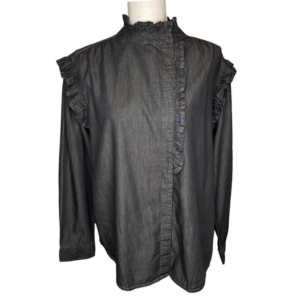 Anthropologie Grey Black Denim Button Down Shift Ruffled High Neck Turtle Work